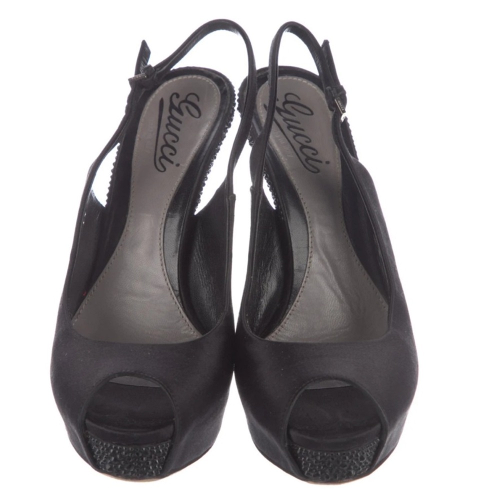 Gucci Black Satin Peep-Toe Slingback Heels - Picture 5 of 5